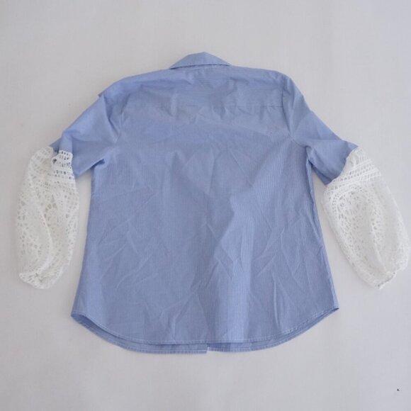 Chico's Blue White Stripe Lace Balloon Sleeve Button Up Cotton Blend Shirt 1P - Picture 9 of 12
